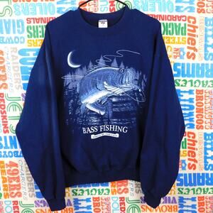 Vintage 90s Bass Fishing Sweatshirt Size L Thrill Of The Cast Blue Graphic